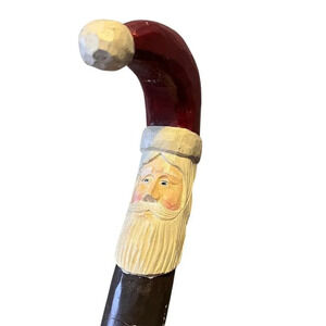 Vintage Hand-Carved Santa Walking Stick Cane Multicolor Holiday Decor